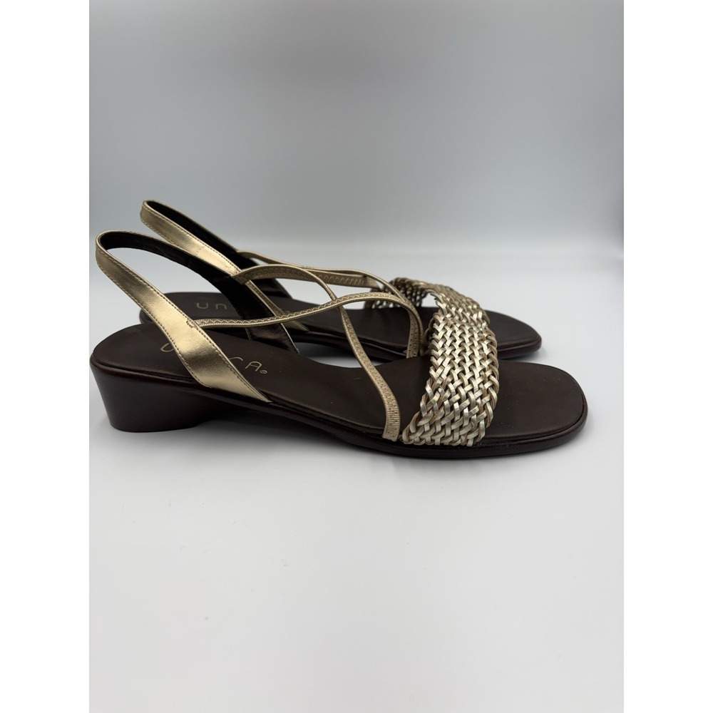 Unisa Women's Strappy Slingback Luxe Gold/Brown Leather Woven Metallic 8.5